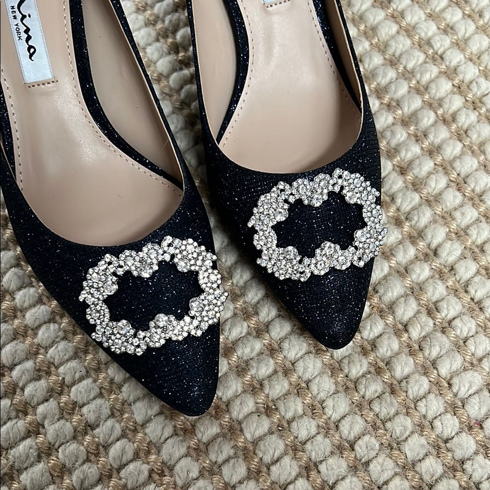Navy Glitter Heels with Crystal Embellishments